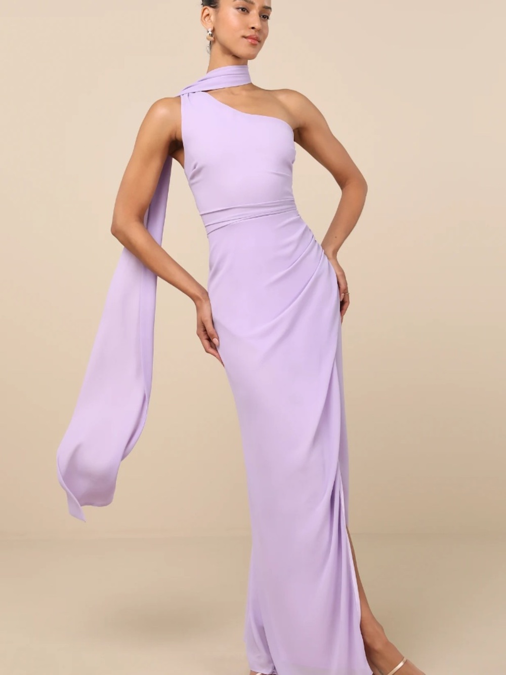 NWT Lulus Adeline Lavender One-Shoulder Scarf Maxi Dress 
Never worn!